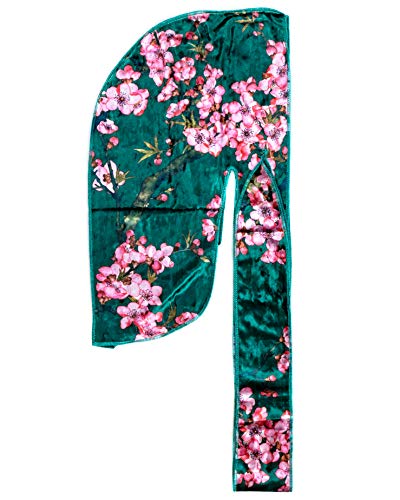 Velvet Du-Rag-Premium Quality-Wave Cap-Durag 360 Waves Long Straps (Floral Green)