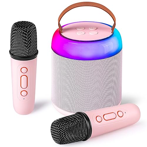 Mini Karaoke Machine with 2 Wireless Microphones for Kids Adults, Portable Bluetooth Speaker Toy for Girls and Boys 2 4 5 6 7 8 9 10 12 Year Old Girl Christmas Birthday Gift Home Party Ideas (Pink)