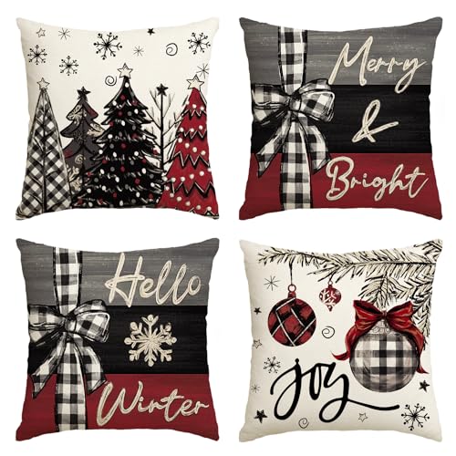 AVOIN colorlife Merry Christmas Joy Xmas Trees Red Throw Pillow Covers, 18 x 18 Inch Christmas Winter Holiday Cushion Case Decoration for Sofa Couch Set of 4