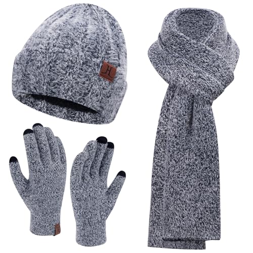 Womens Winter Warm Knit Beanie Hat Touchscreen Gloves Long Neck Scarf Set with Fleece Lined Skull Caps Gifts for Women Men