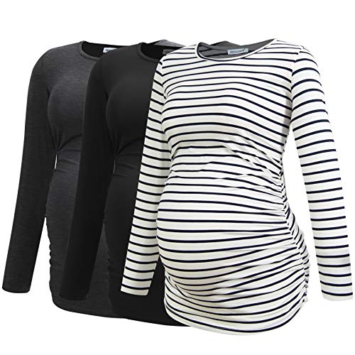 Smallshow Women's Maternity Shirts Long Sleeve Pregnancy Clothes Tops 3-Pack Medium Black-Deep Grey-White Stripe