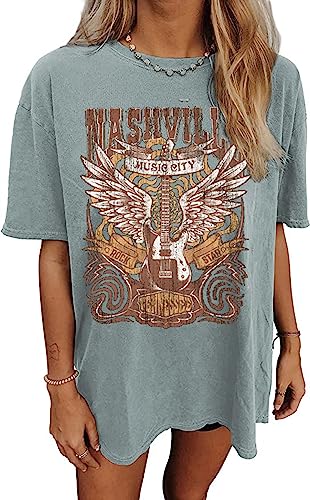 Nashville Music City T-Shirt Women Country Music Oversized Shirts Rock Band Tshirt Vintage Guitar Wings Graphic Tees(Green,Medium)