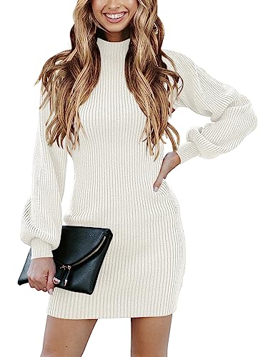 ANRABESS Sweater Dress for Women Turtleneck Long Sleeve Slim Bodycon Rib Knit Fall Wedding Guest Elegant Party Dresses 2023 Trendy Outfit Dressy Winter Clothes Wihte A145bai-S White
