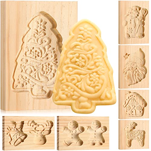 9 Styles Christmas Wooden Cookie Molds Carved Cookie Stamps for Baking Wood Press Shortbread Mold Funny 3D Embossing Cookie Cutters Kitchen Biscuit DIY, Santa Tree Gingerbread Snowman Deer Bell