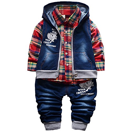 Yao Spring Autumn Baby Boys 3pcs Clothing Set Cotton Shirt Jeans Denim Vest (9-12months, Red)