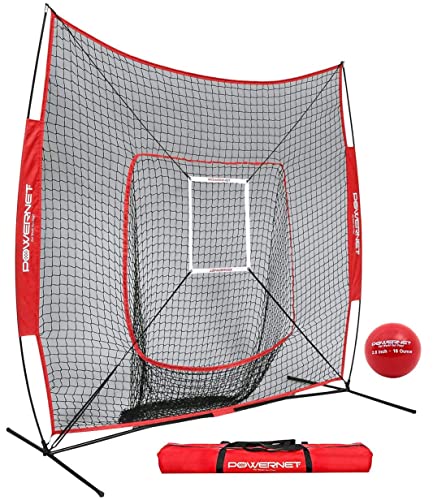 PowerNet DLX 7x7 Baseball Softball Hitting Net + Weighted Heavy Ball + Strike Zone Bundle |Training Set | Practice Equipment Batting Soft Toss Pitching | Team Color | Portable Backstop (Red)