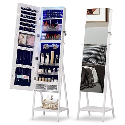 FREDEES Standing Jewelry Armoire Organizer with Lights :Jewelry Organizer with Full Length Mirror - Jewelry Cabinet with 2 Drawers&Lockable - Large Capacity - Bottom Shelf,White