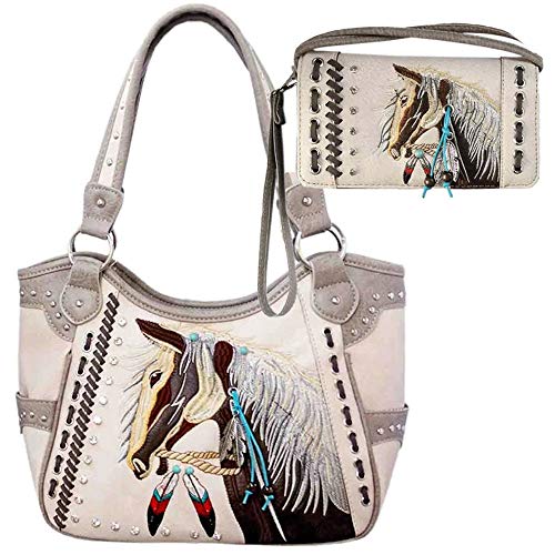 Justin West Dales Pony Horse White Mane Embroidery Feather Conceal Carry Women Handbag Purse (Beige Tote Wallet Set)