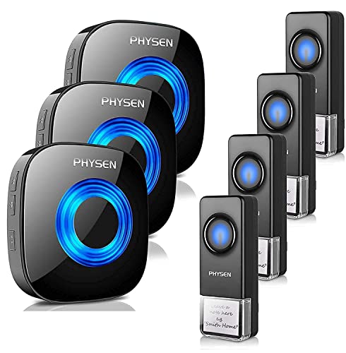Wireless Doorbell PHYSEN Waterproof Door bell Chimes with Mute Mode,58 Doorbell Wireless, 5 Volume Levels,1300-ft Range,3 Receiver & 4 Doorbell Button for Home with LED Strobe