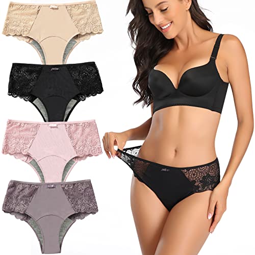 Intiflower Period Underwear for Women, Leakproof Briefs Period Panties, Lace Menstrual Underwear Breathable & Soft, Nude+black+water Rose+lilac, Large