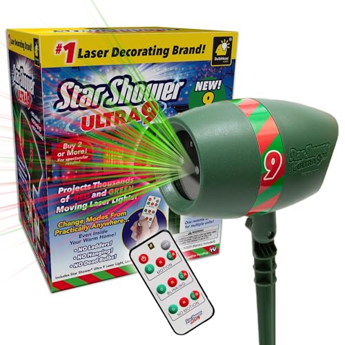Star Shower Ultra 9 Outdoor Laser Light Show with Remote, AS-SEEN-ON-TV, New 9 Unique Patterns, Showers Home w/Thousands of Lights, 3 Color Combinations, Motion or Still, Up to 3200 Sq Ft