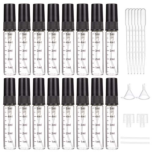 FINGERINSPIRE 16Pack Empty Glass Spray Bottles with Scale 5ml Clear Refillable Travel Bottle Set with Fine Mist Sprayer & Black Dust Cap, 6xPlastic Dropper 3ml, 2xPlastic Funnel Hopper, 2xPlastic Pump