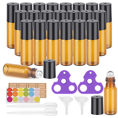 Easytle Essential Oil Roller Bottles, 24 Pack Amber Glass Roller Bottles 5ml, Roller Balls for Essential Oils, Roll on Bottles (96 Pieces Labels, 4 Funnels, 4 Dropper, 2 Opener)