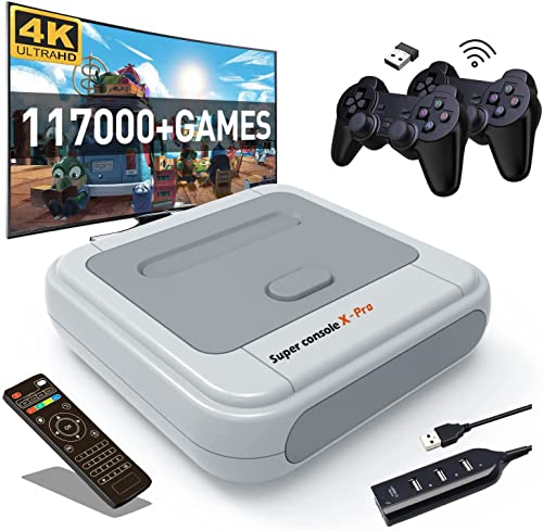 Kinhank Retro Game Consoles 256G,Super Console X Pro with 117,000+ Classic Games, Andriod TV&Gaming Dual Systems for 4K HD/AV Output,Plug&Play,Compatible with 70+ Emulators, 2 Wireless Controllers