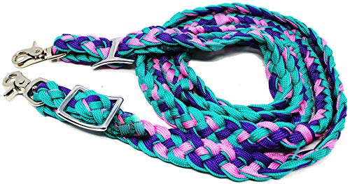 PRORIDER Roping Knotted Western Barrel Reins Nylon Braided Pink Turquoise 60770