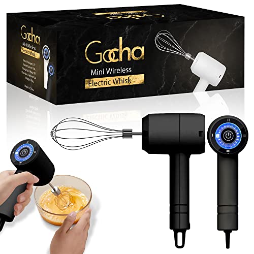 GOCHA Gadgets, Baking Mixer, Mini Whisk, Hand Whisk, Handheld Mixer, Wire-less Small Hand Mixer for Eggs, Soups, Cream, Batters - 3 Speed Variations - Rechargeable (Black)