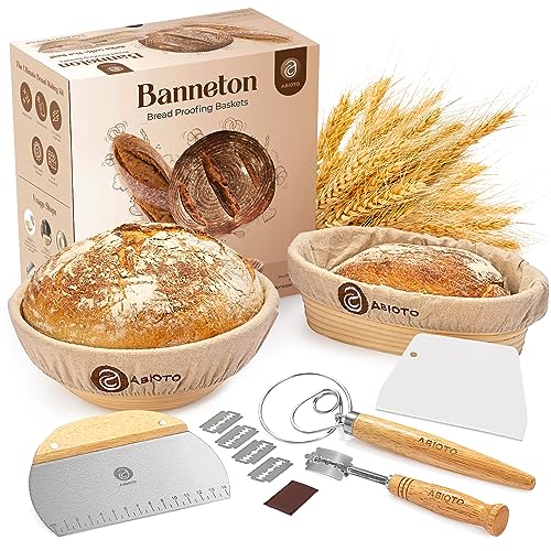 Sourdough Bread Baking Supplies and Proofing Baskets, A Complete Bread Making Kit Including 9' Round & 10' Oval Bannetons, Bread Lame, Danish Whisk, Bowl & Dough Scrapers, and Linen Liners