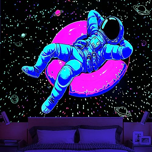 Blacklight Space Astronaut Tapestry for Men Guys Bedroom Black Light Cool Stars Galaxy Tapestries Glow in The Dark Spaceman and Donut Wall Hanging Bedroom Accessories Men 52'x60'