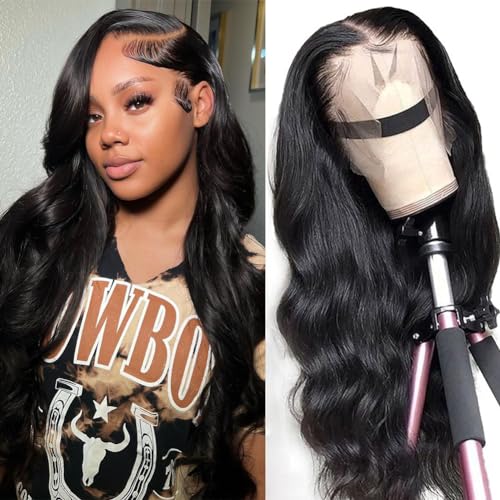 Body Wave Lace Front Wigs Human Hair Pre Plucked 13x4 HD Transparent Lace Frontal Wig with Baby Hair 180% Density Brazilian Virgin Human Hair Lace Front Wigs for Women Natural Black 22inch