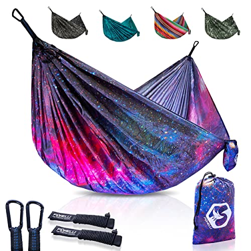 Foxelli Camping Hammock – Lightweight Parachute Nylon Portable Hammock with Tree Ropes and Carabiners, Perfect for Outdoors, Backpacking, Hiking, Camping, Travel, Beach, Backyard & Garden