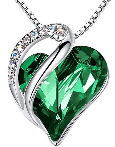 Leafael Womens Brass Necklaces, Infinity Love Heart Pendant Birthstone Crystal Jewelry Gifts for Wife, Silver Plated 18 + 2 inch Chain, 05-May-Emerald Green