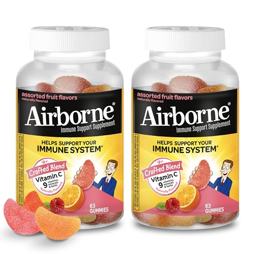 Airborne 750mg Vitamin C Gummies For Adults, Immune Support Gummies With Powerful Antioxidants Vit C & E - (2x63 count bottle), Assorted Fruit Flavor