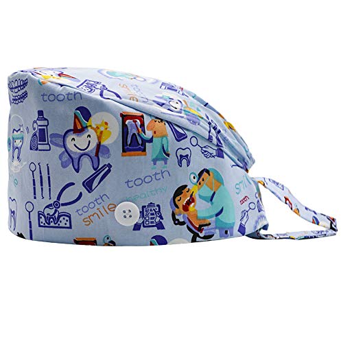 LUCKYBUNNY Gourd-Shaped Working Cap with Button, Adjustable Tie Back Hat Sweatband Hair Cover for Women Men, Multiple Color (Tooth & Toothpaste)