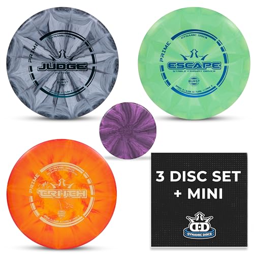 Dynamic Discs Prime Burst 3 Disc Golf Starter Kits for Men, Women, and Kids, Putter, Midrange, Driver, Bonus Mini Disc, Weight Ranges 170-176, Beginner Frisbee Golf Set