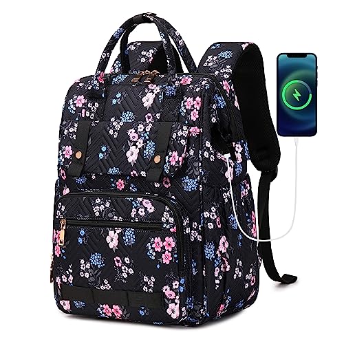 Laptop Backpack Purse for Women 15.6 In Work Professional College School Bag Girls Nurse Teacher Bookbags Anti Theft Travel Casual Daypack Diaper Backpacks with USB Port Womens Backpack (Black-1）