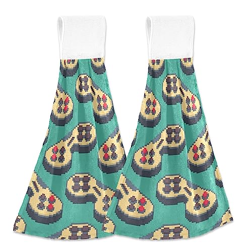 SLHKPNS Gamepad Art Pattern Kitchen Hanging Hand Towels, Game Joystick Controller Absorbent Tie Towel with Loop 2 PCS Kitchen Linen Sets for Bathroom Restroom Home Decor