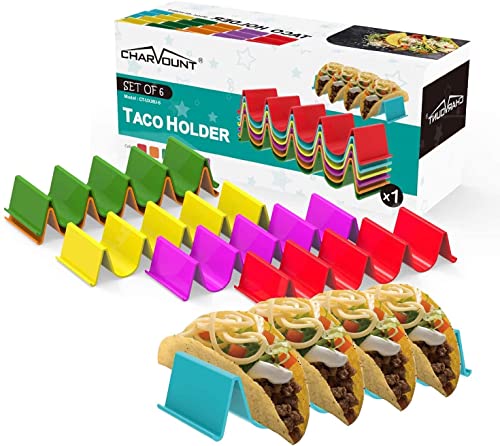 CHARMOUNT Taco Holder Stand, Set of 6 New Upgrade Colorful Taco Rack Holders - Premium Taco Shell Holder Stand on Table, Hold 5 Hard Shell Tacos Serving Tray, Dishwasher & Microwave Safe