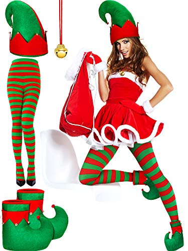 SATINIOR 5 Pieces Christmas Costume Accessories Set, Christmas Elf Hat Elf Shoes Christmas Striped Tights Bell