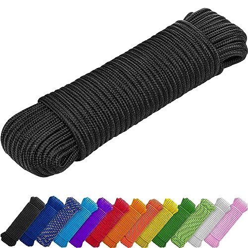 TECEUM Rope – 1/4” & 3/8” – 90 FT | 150 FT – Strong All-Purpose Utility Rope – Camping, Crafting, Flag Pole, Indoor & Outdoor – Polypropylene Nylon Poly Lightweight Diamond Braided Cord – Black