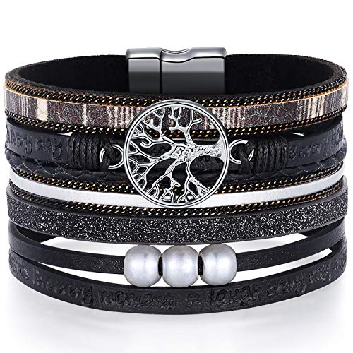 Desimtion Black Wrap Leather Bracelets for Women Boho Layered Stacking Wide Buckle Family Tree of Life Bracelets for Women Mom Teen Girls Grandma