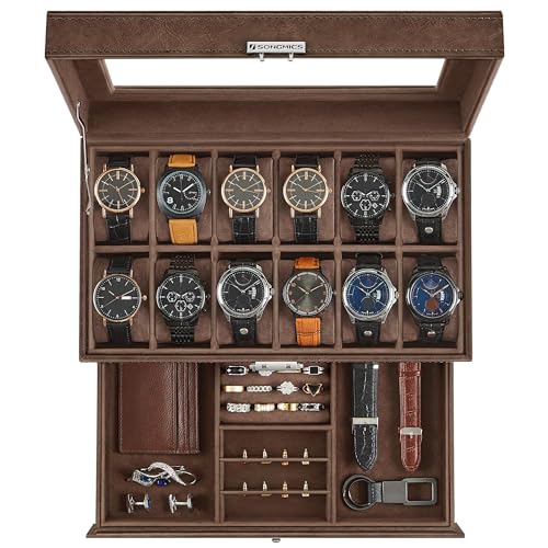 SONGMICS 12-Slot Watch Box, Lockable Watch Case with Glass Lid, 2 Layers, with 1 Drawer for Rings, Bracelets, Gift Idea, Brown Synthetic Leather, Brown Lining UJWB012K01