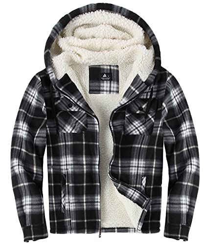 WENTTUO Hoodies for Men Zip Up Fleece Sherpa Lined Jackets Heavyweight Flannel Plaid Shirt Black Large
