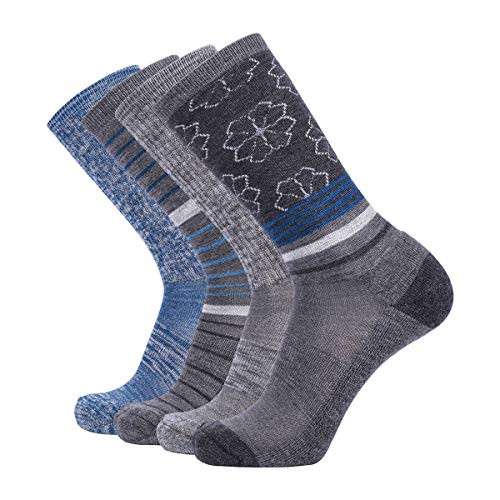 EnerWear 4P 86% Merino Wool Women's Outdoor Hiking Trail Crew Socks (US Shoe Size 4-10, Flower/Dark Grey/Multi)