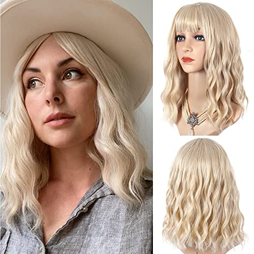 ITTAYLER Blonde Wigs for Women Short Blonde Wig with Bangs Colorful Wavy Bob Wig 14' Medium Length Wigs for Women Synthetic Hair Wig Cosplay Party Wigs (Honey Blonde)