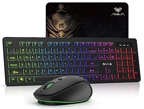AULA Wireless Keyboard and Mouse Combo, RGB Backlit, Rechargeable & 2.4GHz Quiet Wireless Gaming Keyboard Mouse, Full-Size Ergonomic Keyboard Mouse & Mousepad Combo for PC, Windows and Mac