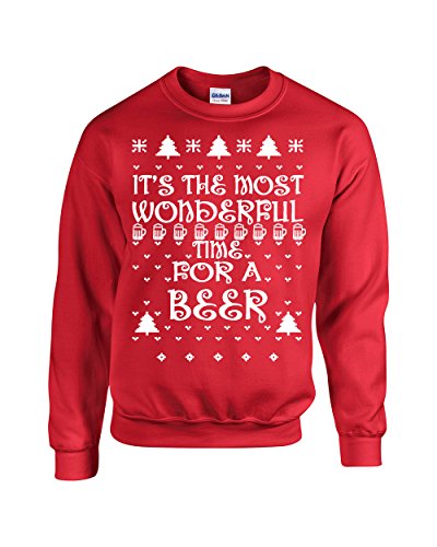 Jacted Up Tees It's the Most Wonderful Time for Beer Ugly Sweater Crew Sweatshirt - Med Red (B110)