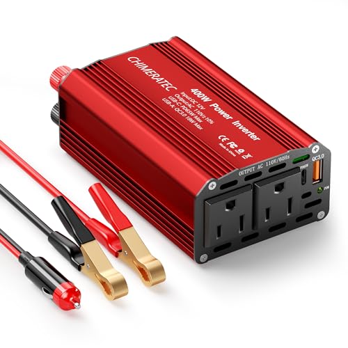 CHIMERATEC 400W Power Inverter, DC 12V to 110V Car Power Inverter with PD 65W USB-C Port, QC 18W USB Fast Charging and 2 AC Outlets, Dual Use Car Plug Adapter with Battry Clip, Cigarette Lighter