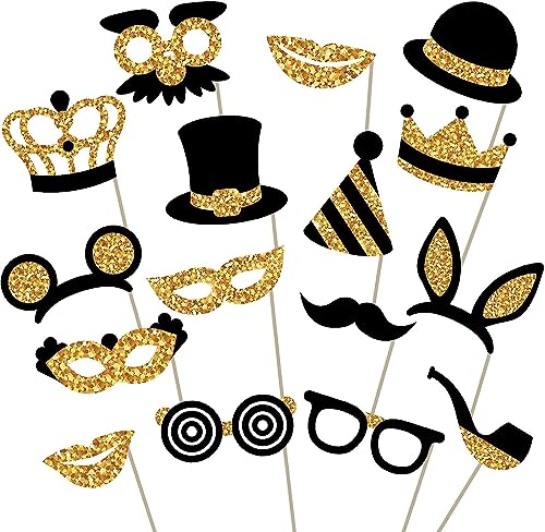 Premium Birthday Wedding Graduation Photo Booth Props Kit, 16 Black & Gold (No Glitter), Durable & Easy-to-Use Photobooth Props Signs for Memorable Photos & Unforgettable Celebrations by PixiPy