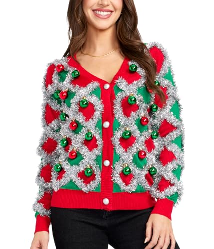 Women's Garland Christmas Sweater - Green and Red Tinsel Ornament Ugly Christmas Cardigan: Medium