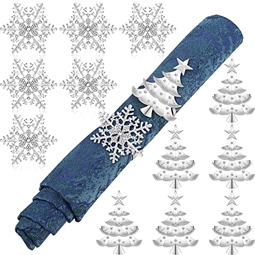 Snowflake Napkin Rings Christmas Tree Napkin Rings Xmas Napkin Ring Holder Buckle Rhinestone Metal Napkin Rings Holder Christmas Napkin Rings for Christmas Wedding Dinner Table Decor (12, Silver)