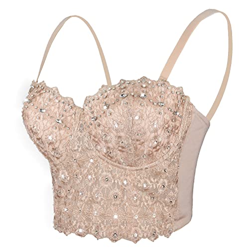 ELLACCI Women's Natural Reigning Lace Rhinestone Bustier Crop Top Sexy Mesh Corset Top Bra Medium