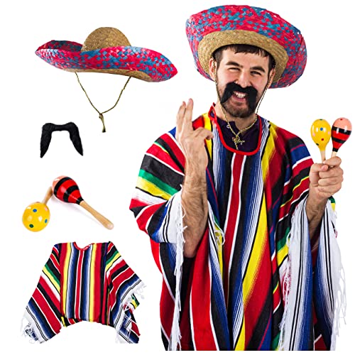 Tigerdoe Cinco De Mayo Costume - Costume – Sombrero Hat – Authentic Serape Poncho - Mustaches - Maraca - Fiesta