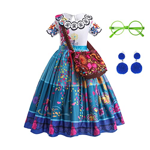 PashaLs Mirabel Dress for Girls, Mirabel Costume Dress Up for Kids, Halloween Cosplay Outfits with Glasses and Clip Earrings, 5-6 years