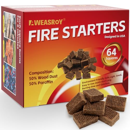 Fire Starter Squares 64 - Fire Starters for Fireplace,Chimney,BBQ Grill,Camping Fire,Wood Stove - Water Resistant and Safe Odourless - Camping Accessories