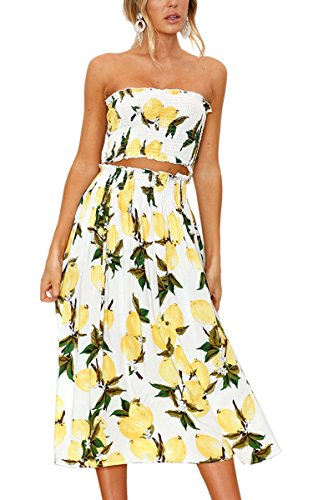 Angashion Women's Floral Crop Top Maxi Skirts Set 2 Piece Outfit Dress Lemon
