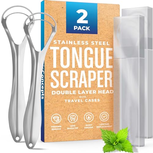 BASIC CONCEPTS Tongue Scraper for Adults (2 Pack), Reduce Bad Breath (Travel Cases Included), Stainless Steel Tongue Cleaners, 100% Metal Tongue Scraper with Case Fresh Breath Tongue Cleaner Oral